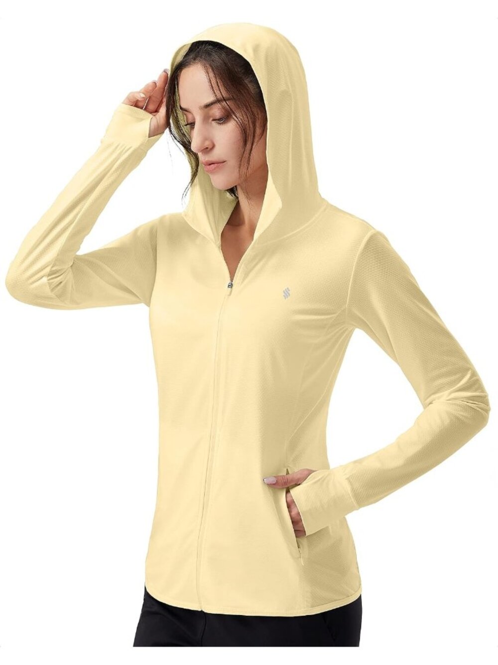 Women I-light Yellow Hoodie Thumbhole Long Sleeve Inner Pockets Full ZIP Jacket